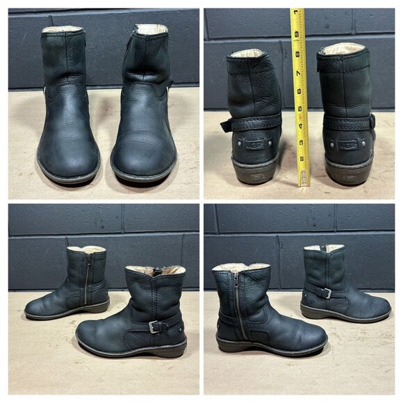 UGG Women’s Black Leather Ankle Boots Size 7 Shearling Lined Moto Buckle Zip - Picture 3 of 11